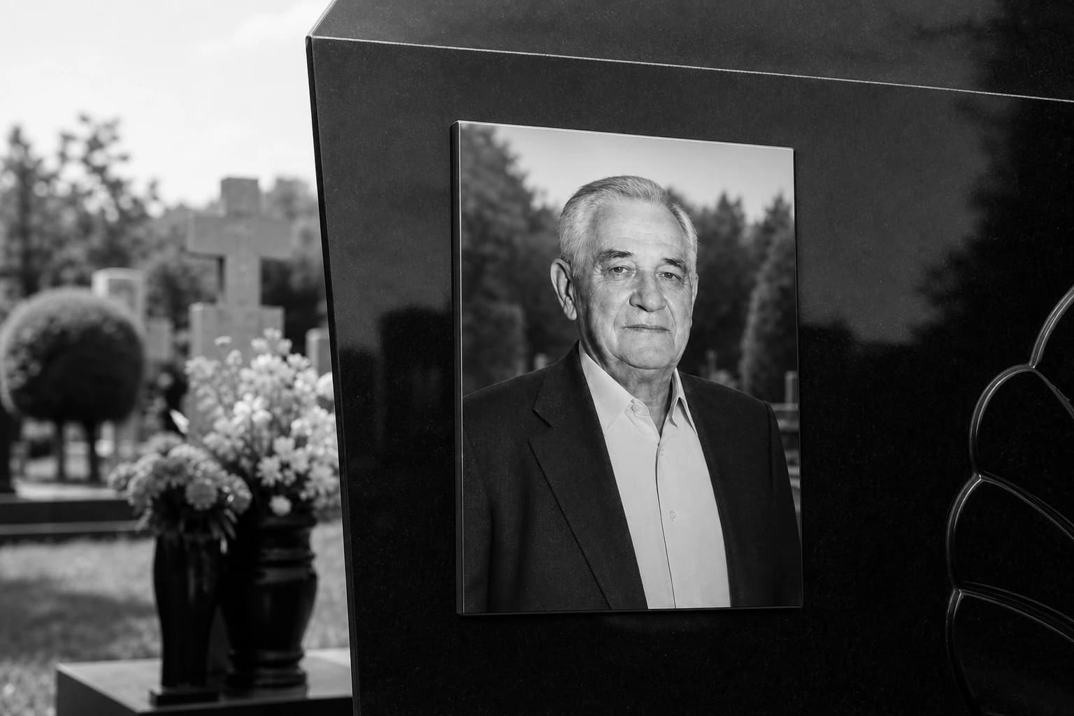 Crno-beli portret ugraviran na mermernom spomeniku