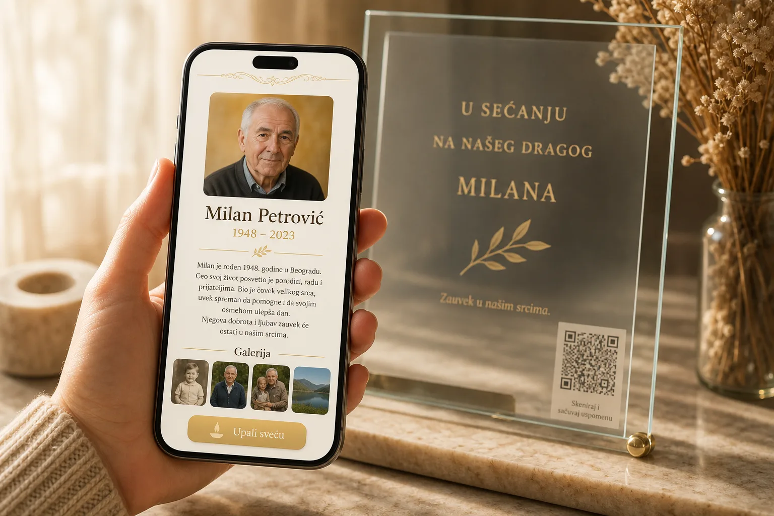 Ruka drži telefon sa otvorenom spomen-stranicom, u pozadini staklena ploča sa ugraviranim QR kodom